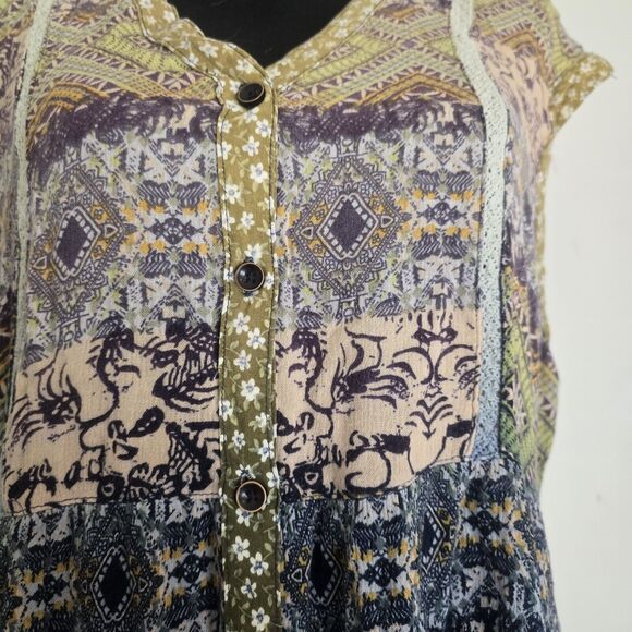 Oddy Shirt Dress Medium Mixed Print Crochet Detail Knee Length Boho Hippie - Picture 2 of 9